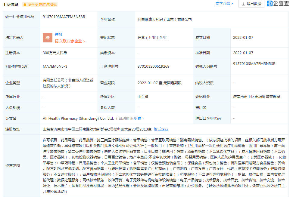 阿里健康大藥房300萬濟南設新公司，跨界布局廚具衛(wèi)具引關注